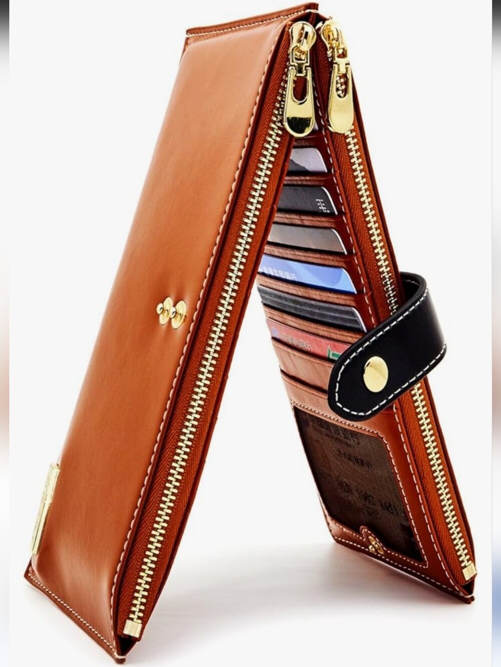 Andoilt Brown Leather Zip RFID Wallet with Gold Hardware